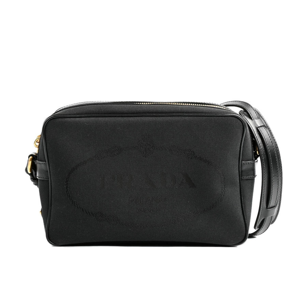 Prada camera bag black canvas embossed logo